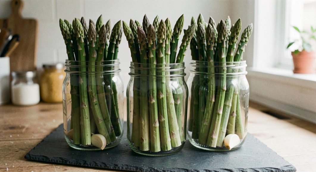 Green asparagus spears trimmed to the same length standing upright and tightly packed in tall clear glass jars on a slate worktop with a garlic clove at the base of each