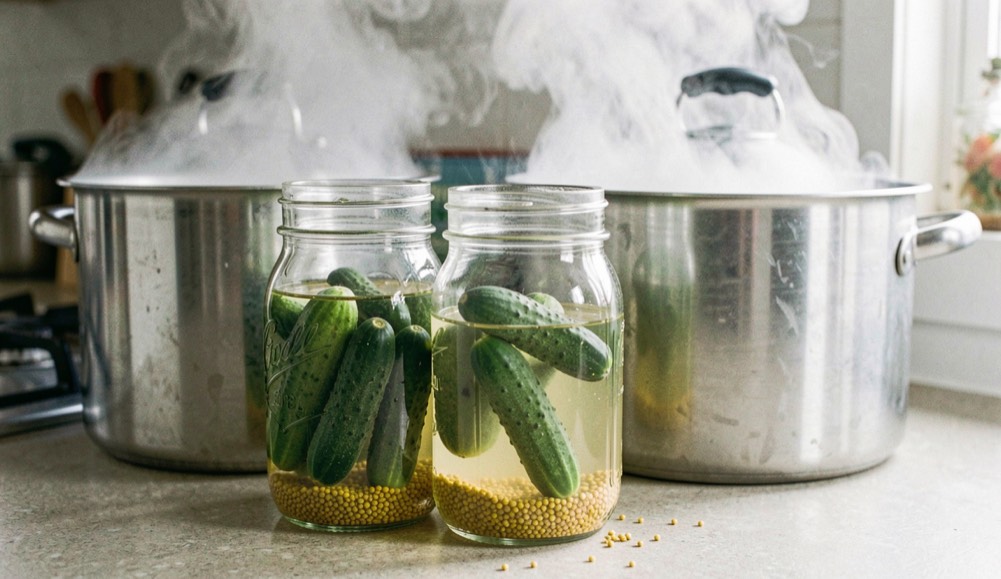 Glass pint jars on a kitchen counter filled with whole small cucumbers and yellow mustard seed in a clear pale liquid, a canner pot steaming behind them