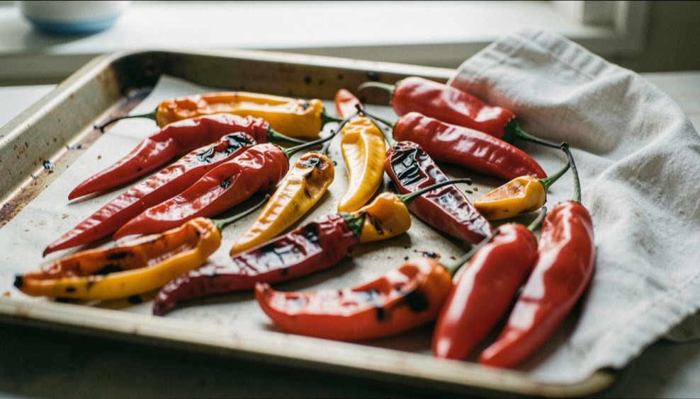 Long red and yellow chilli peppers and thick sweet red peppers spread on a baking tray with their skins blistered and darkened, a damp cloth folded beside them