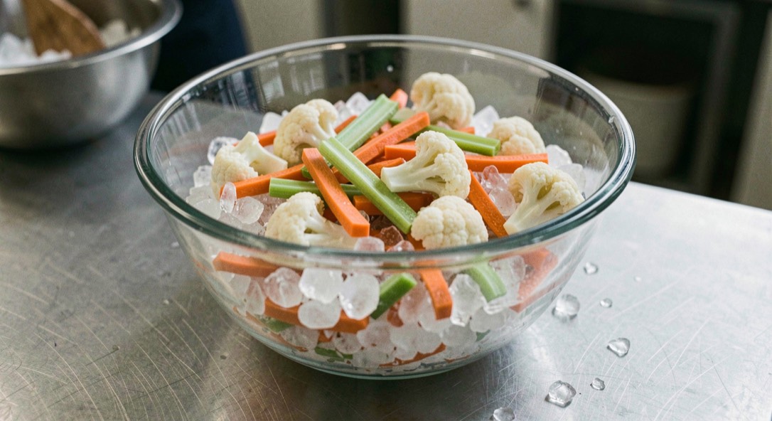 Cut carrots, cauliflower florets, celery, sweet pepper strips and small onions mixed together in a large glass bowl packed with crushed ice on a steel worktop